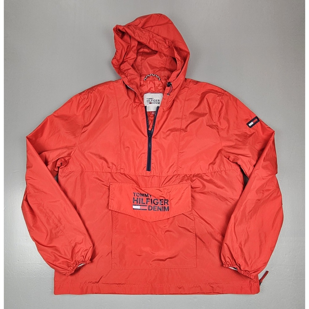 Tommy Hilfiger Denim Jacket Mens XL. Windbreaker Qt Zip Hooded Red Pullover Y2K